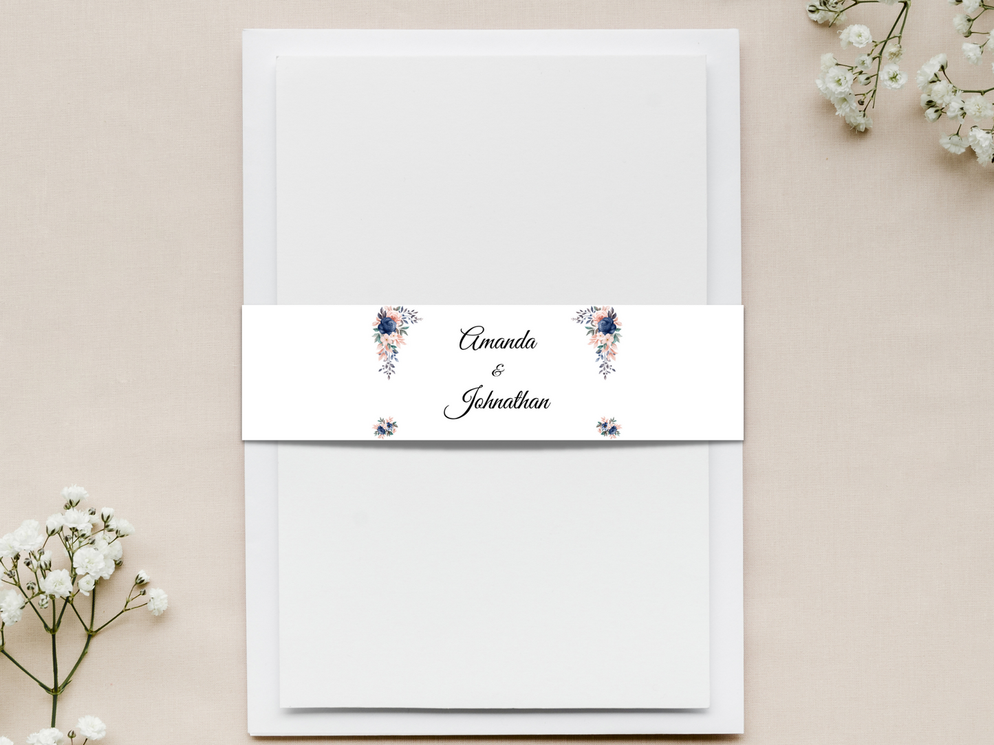 Pink & Blue Floral Wedding Belly Band Templates, Printable Templates