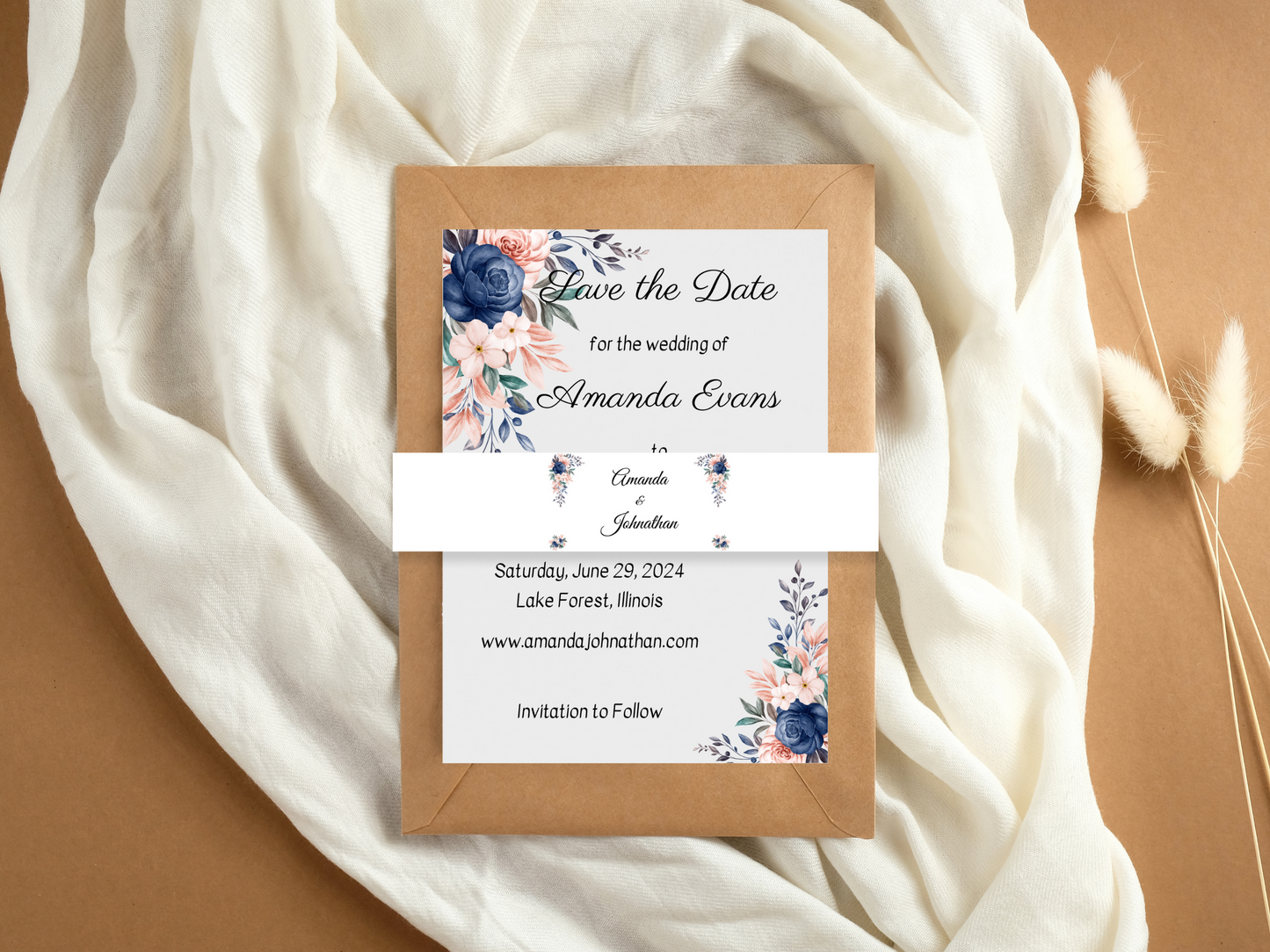 Pink & Blue Floral Wedding Belly Band Templates, Printable Templates