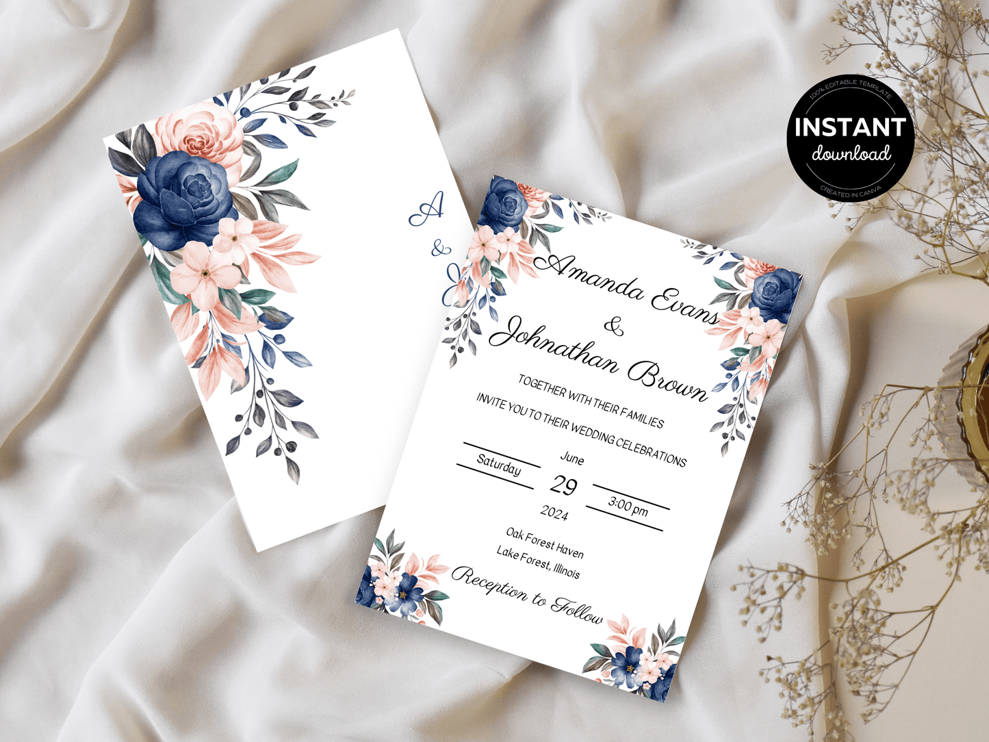 Pink & Blue Floral Wedding Invitation & Insert Card Templates Bundle, Printable Templates