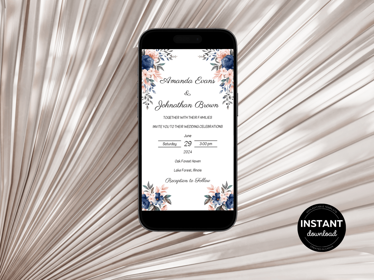 Pink & Blue Floral Wedding Evite Template Bundle, Digital Templates