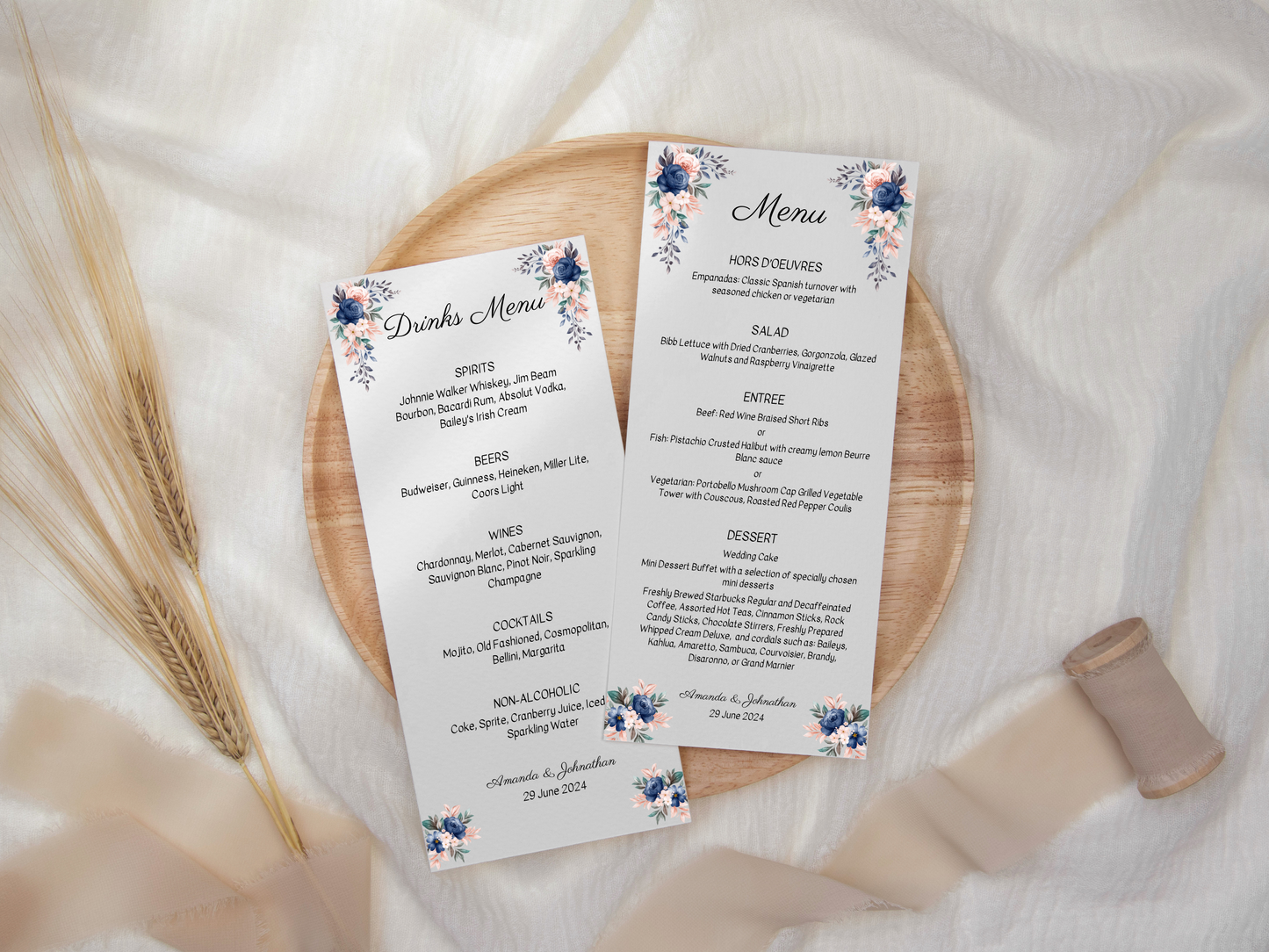 Pink & Blue Floral Wedding Menu & Drinks Menu Templates, Printable Templates