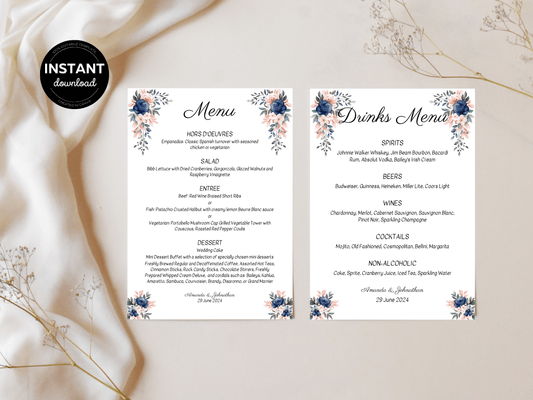 Pink & Blue Floral Wedding Menu & Drinks Menu Templates, Printable Templates