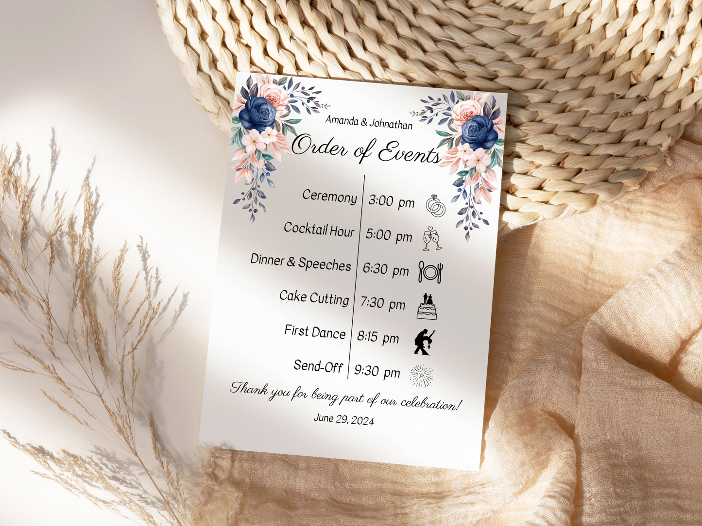 Pink & Blue Floral Wedding Order of Event Templates, Printable Templates
