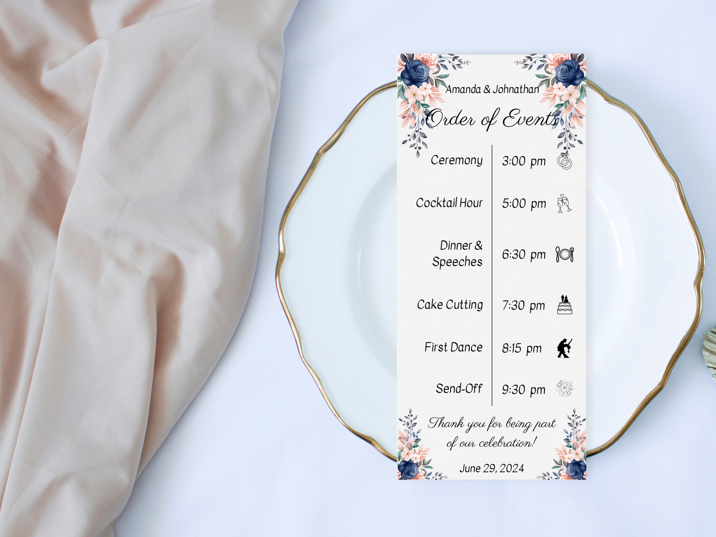 Pink & Blue Floral Wedding Order of Event Templates, Printable Templates