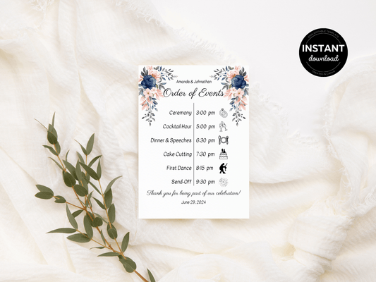 Pink & Blue Floral Wedding Order of Event Templates, Printable Templates