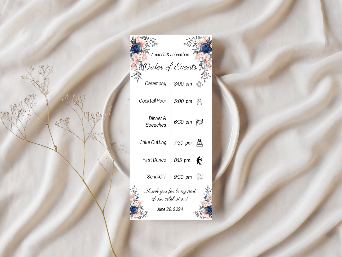 Pink & Blue Floral Wedding Order of Event Templates, Printable Templates