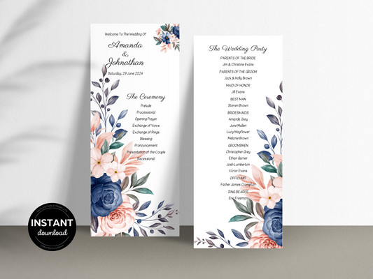 Pink & Blue Floral Wedding Program Templates, Printable Templates