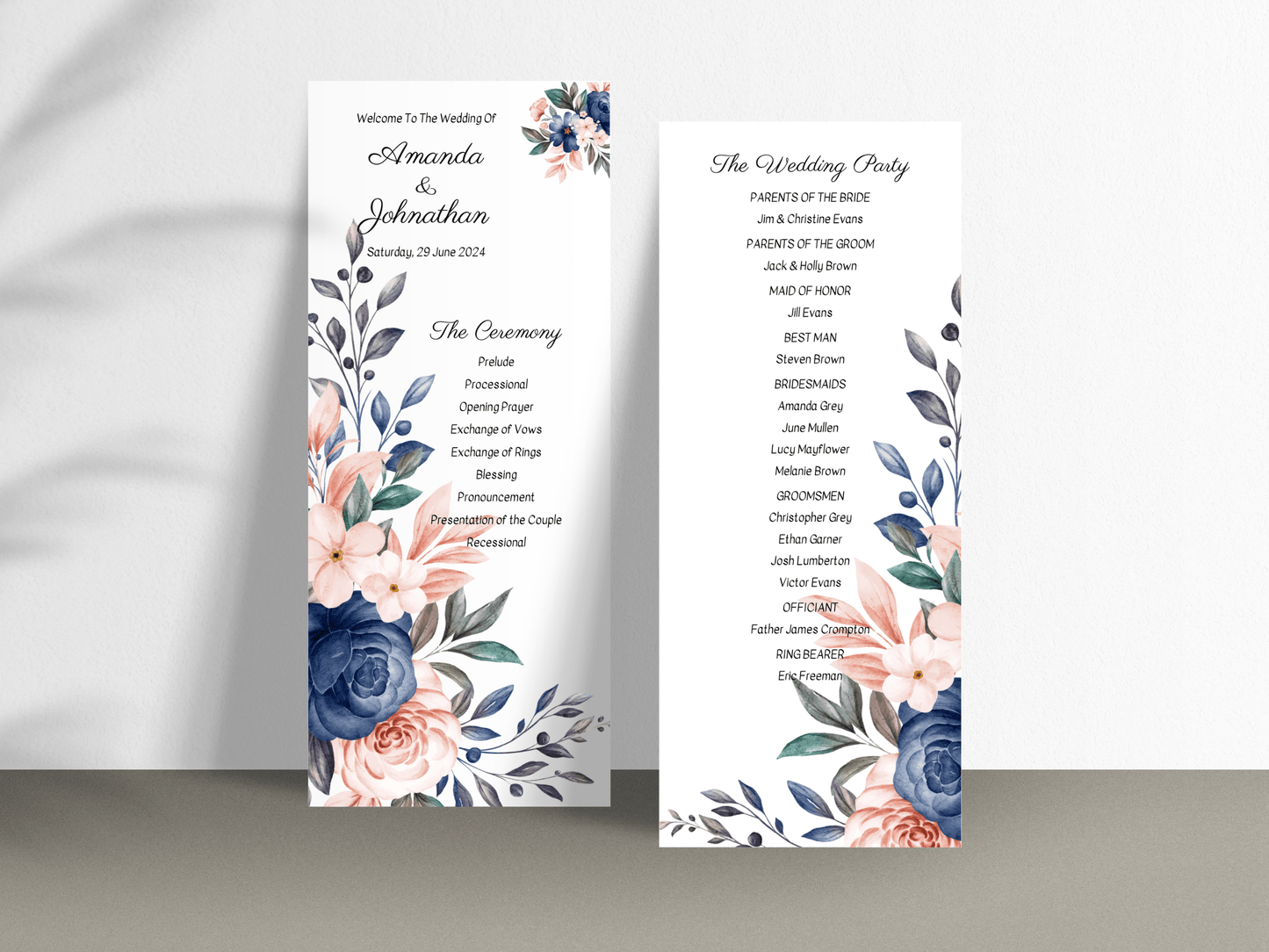 Pink & Blue Floral Wedding Program Templates, Printable Templates