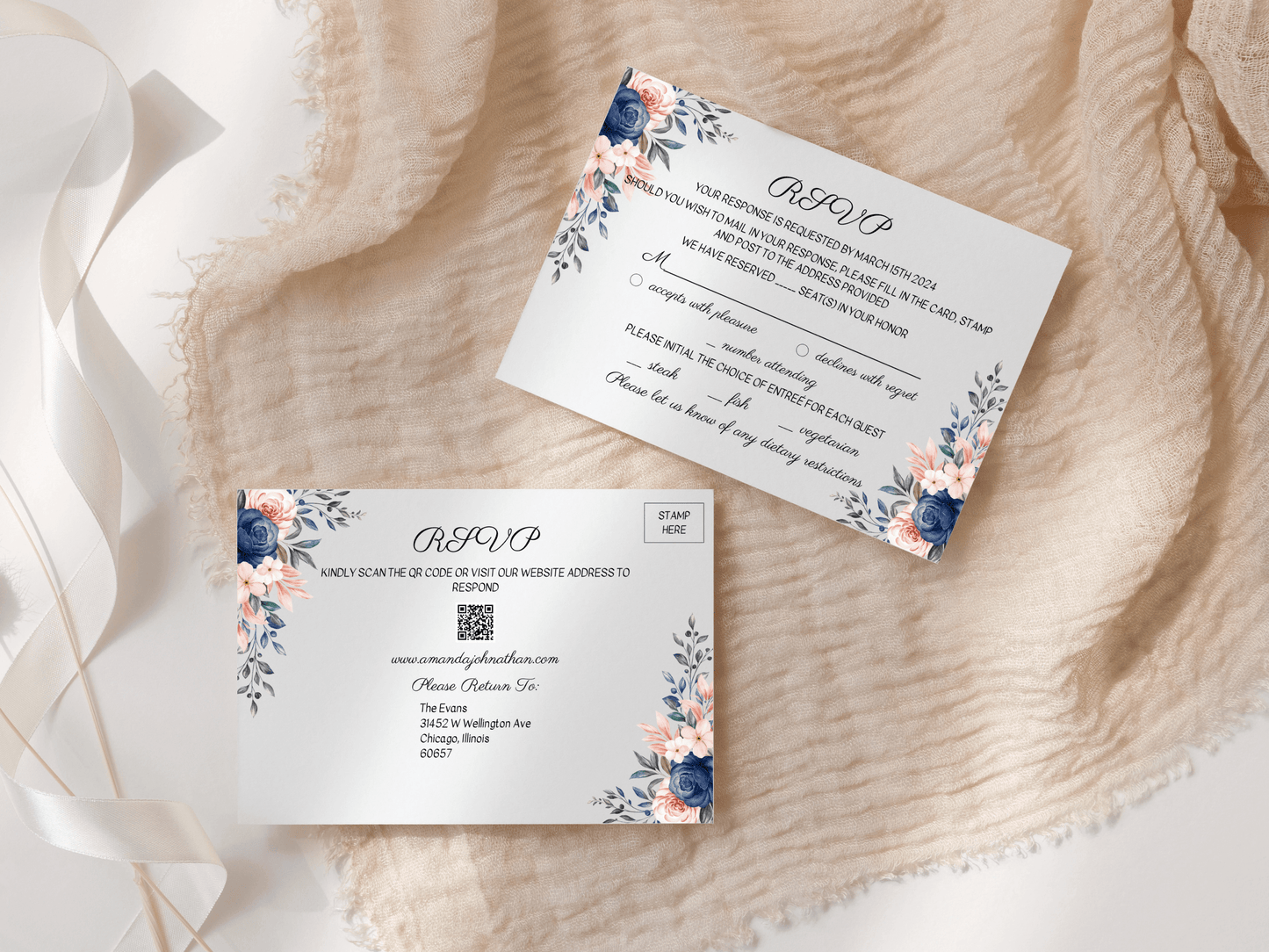 Pink & Blue Floral Wedding Invitation & Insert Card Templates Bundle, Printable Templates