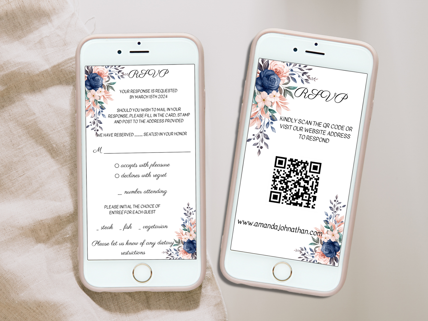Pink & Blue Floral Wedding Evite Template Bundle, Digital Templates
