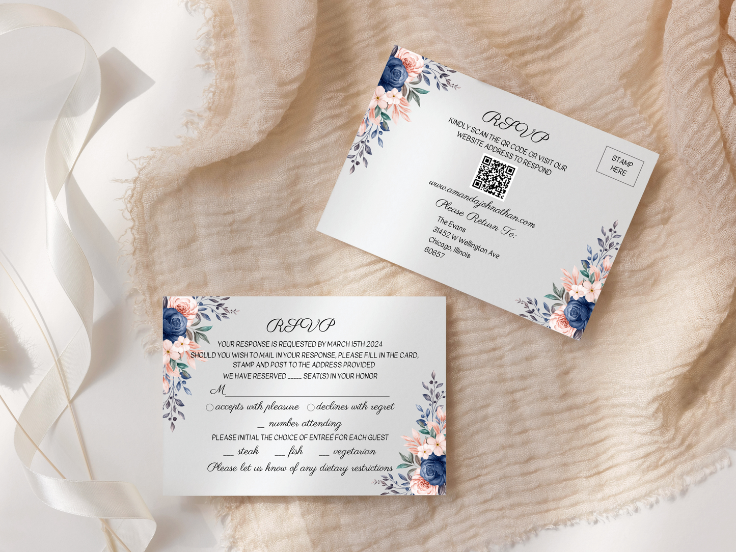 Pink & Blue Floral Wedding Invitation & Insert Card Templates Bundle, Printable Templates