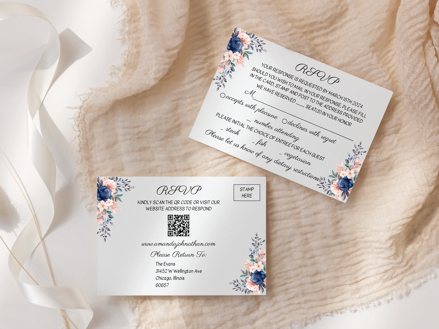 Pink & Blue Floral Wedding Invitation Suite with Envelope Decoration Templates, Printable Templates