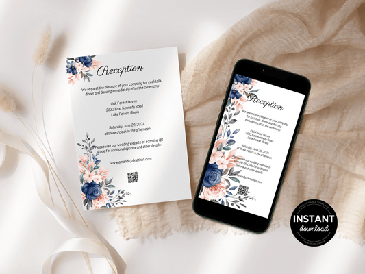 Pink & Blue Floral Wedding Reception Invitation Templates, Printable & Digital Templates