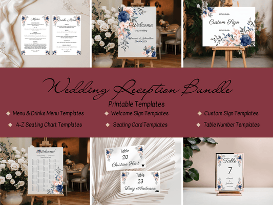 Pink & Blue Floral 7Pc Wedding Reception Bundle with Alphabetical Seating Chart, Printable Templates