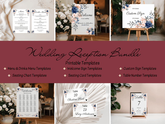 Pink & Blue Floral 7Pc Wedding Reception Bundle with Seating Chart, Printable Templates