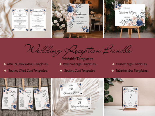 Pink & Blue Floral 7Pc Wedding Reception Bundle with Seating Chart Card, Printable Templates