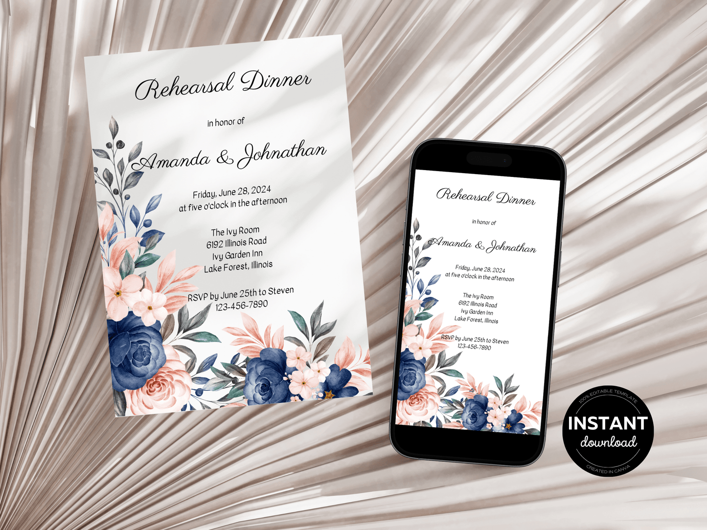 Pink & Blue Floral Wedding Rehearsal Dinner Invitation Templates, Printable & Digital Templates