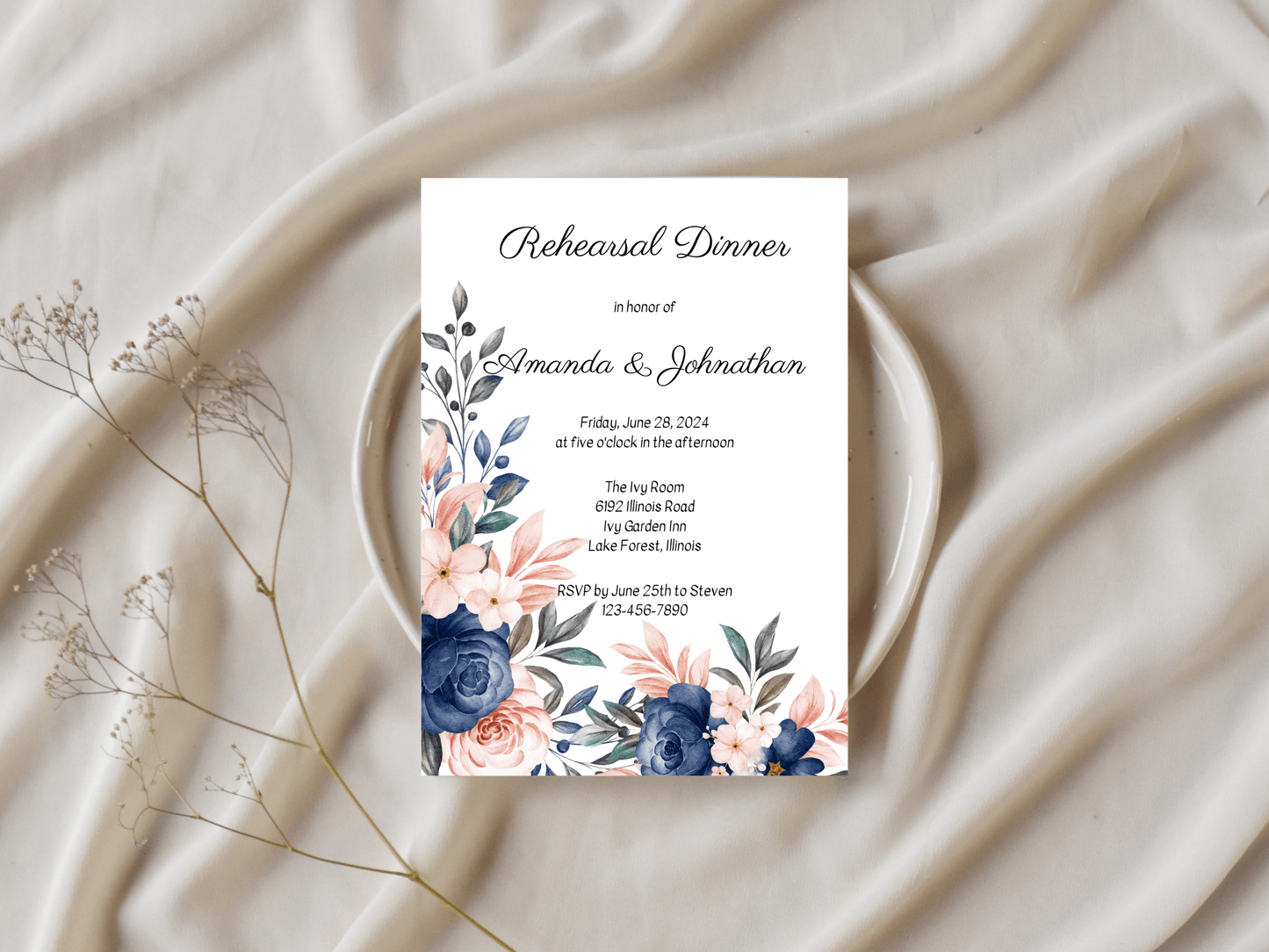 Pink & Blue Floral Wedding Rehearsal Dinner Invitation Templates, Printable & Digital Templates