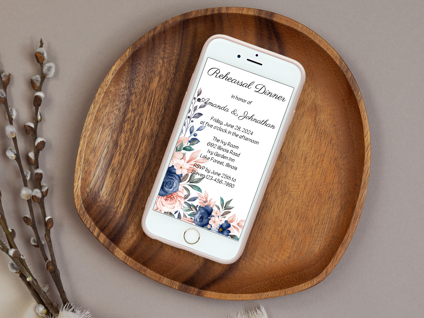 Pink & Blue Floral Wedding Rehearsal Dinner Invitation Templates, Printable & Digital Templates