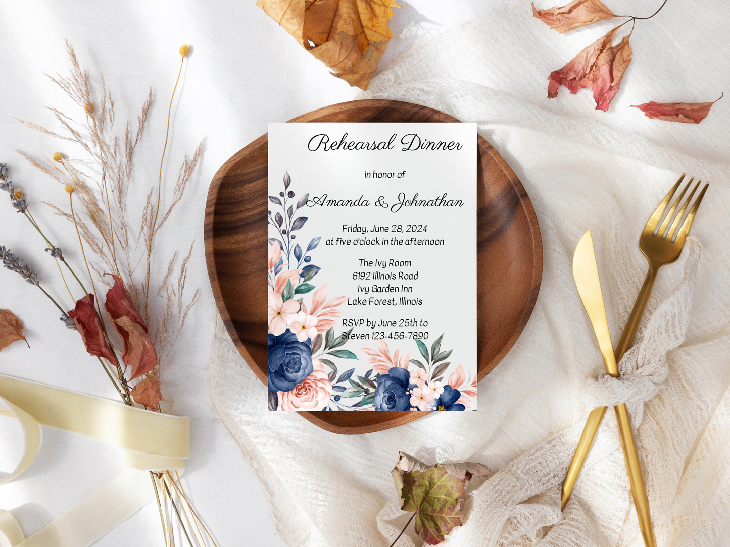 Pink & Blue Floral Wedding Rehearsal Dinner Invitation Templates, Printable & Digital Templates