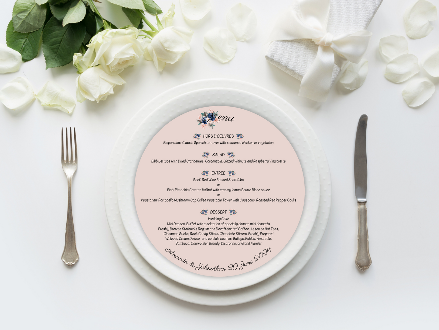 Pink & Blue Floral Wedding Round Menu Templates, Printable Templates
