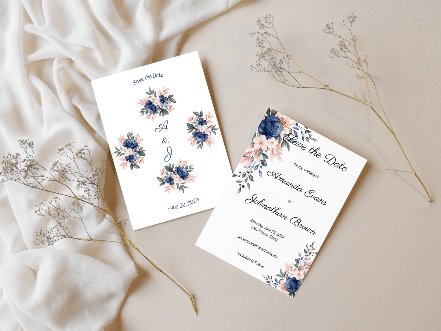 Pink & Blue Floral Wedding Save the Date Templates, Printable & Digital Templates