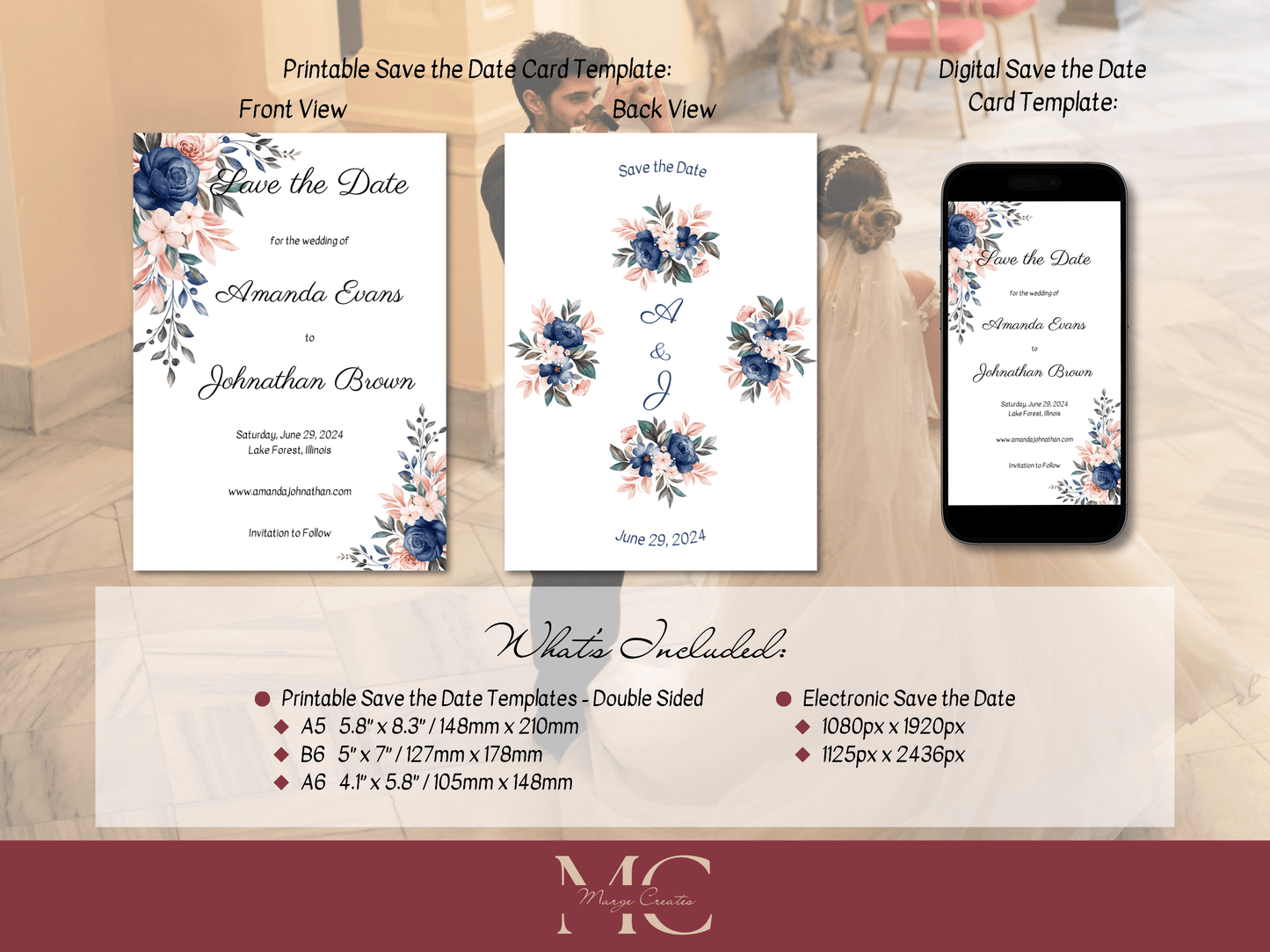 Pink & Blue Floral Wedding Save the Date Templates, Printable & Digital Templates