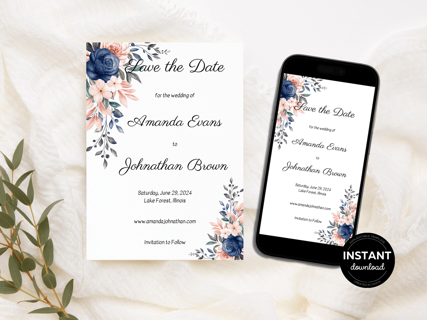 Pink & Blue Floral Wedding Save the Date Templates, Printable & Digital Templates