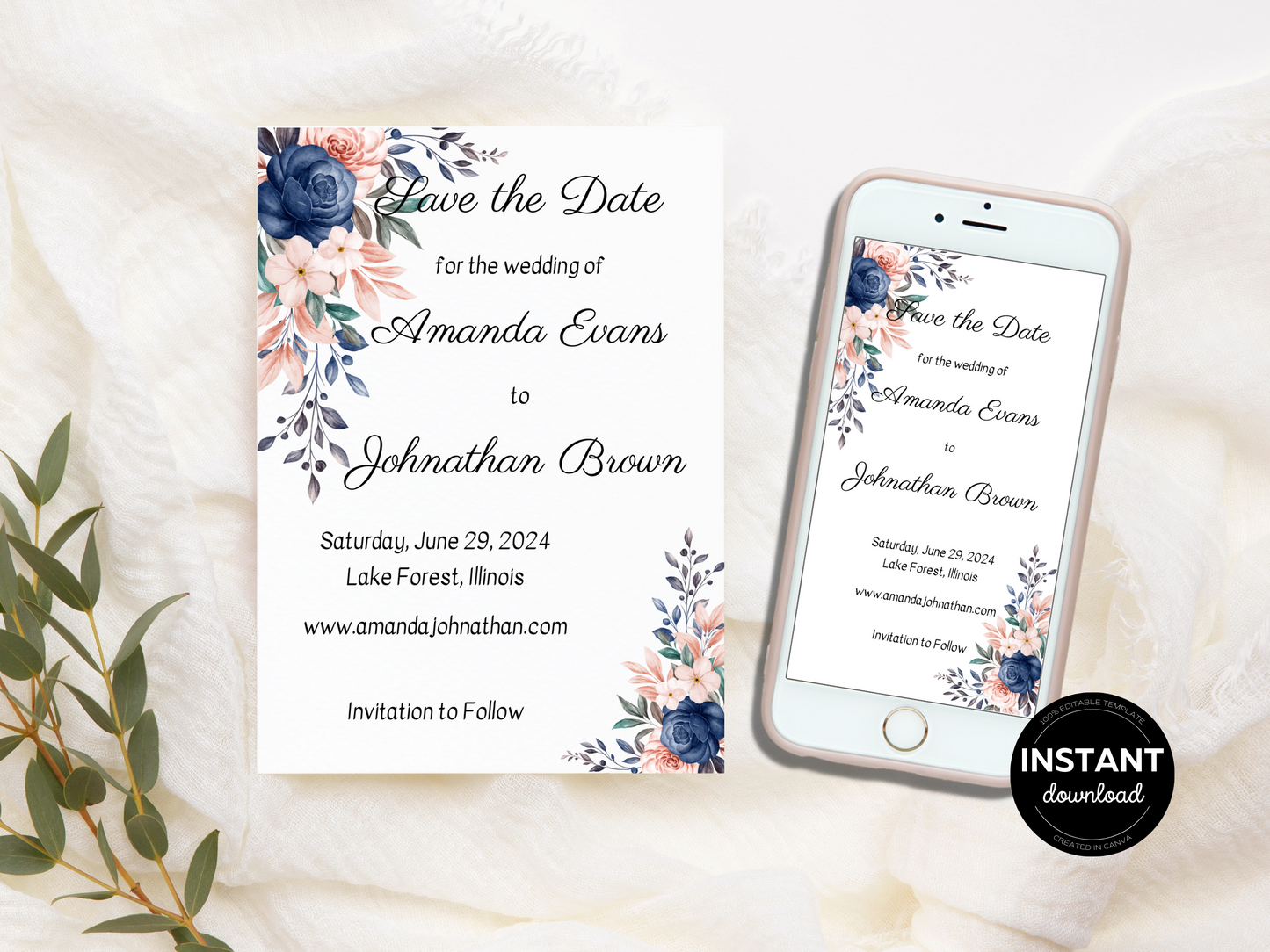 Pink & Blue Floral Wedding Save the Date Templates, Printable & Digital Templates