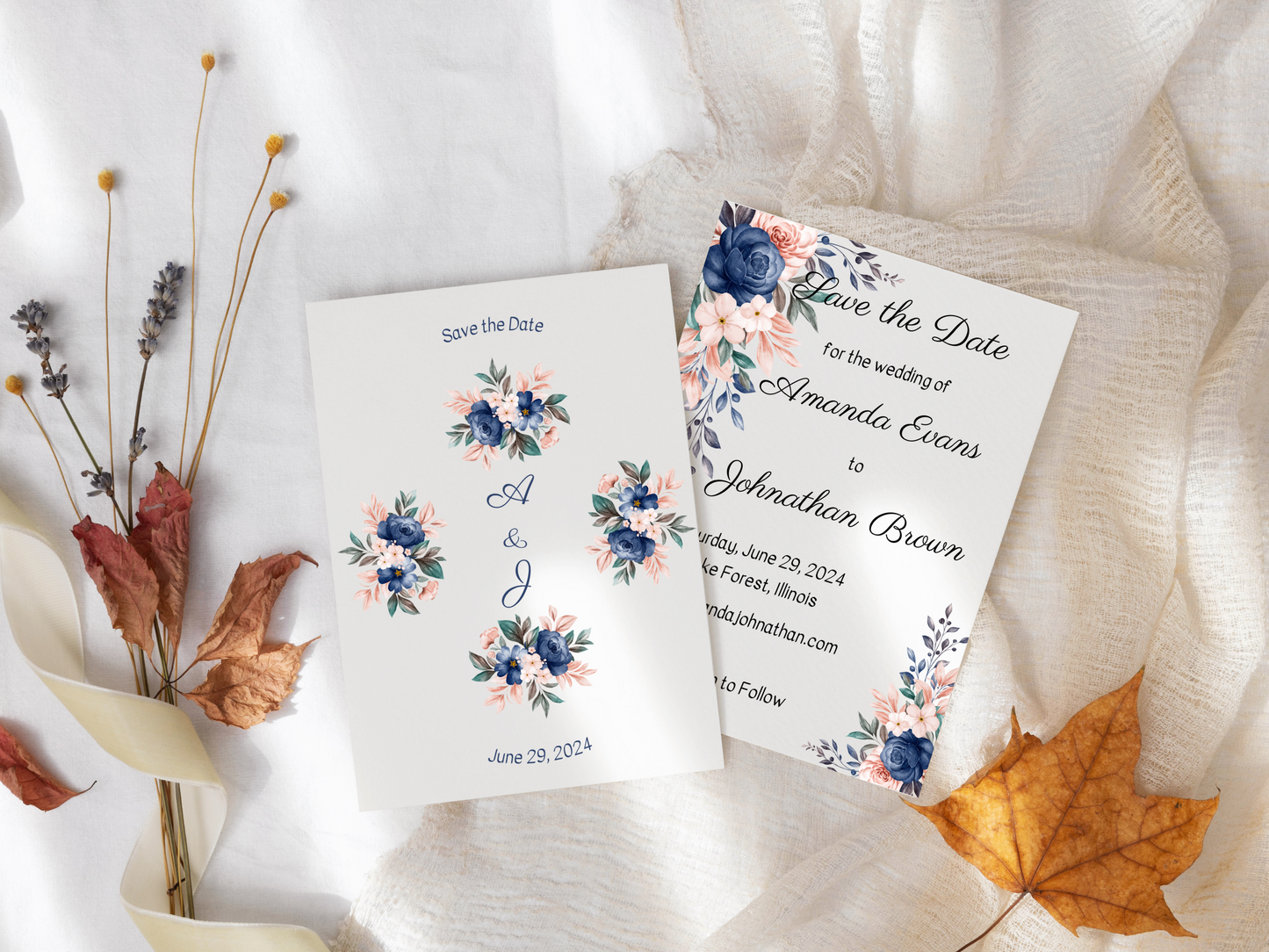 Pink & Blue Floral Wedding Save the Date Templates, Printable & Digital Templates