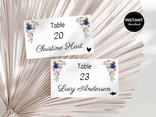 Pink & Blue Floral Wedding Seating Card Templates, Printable Templates