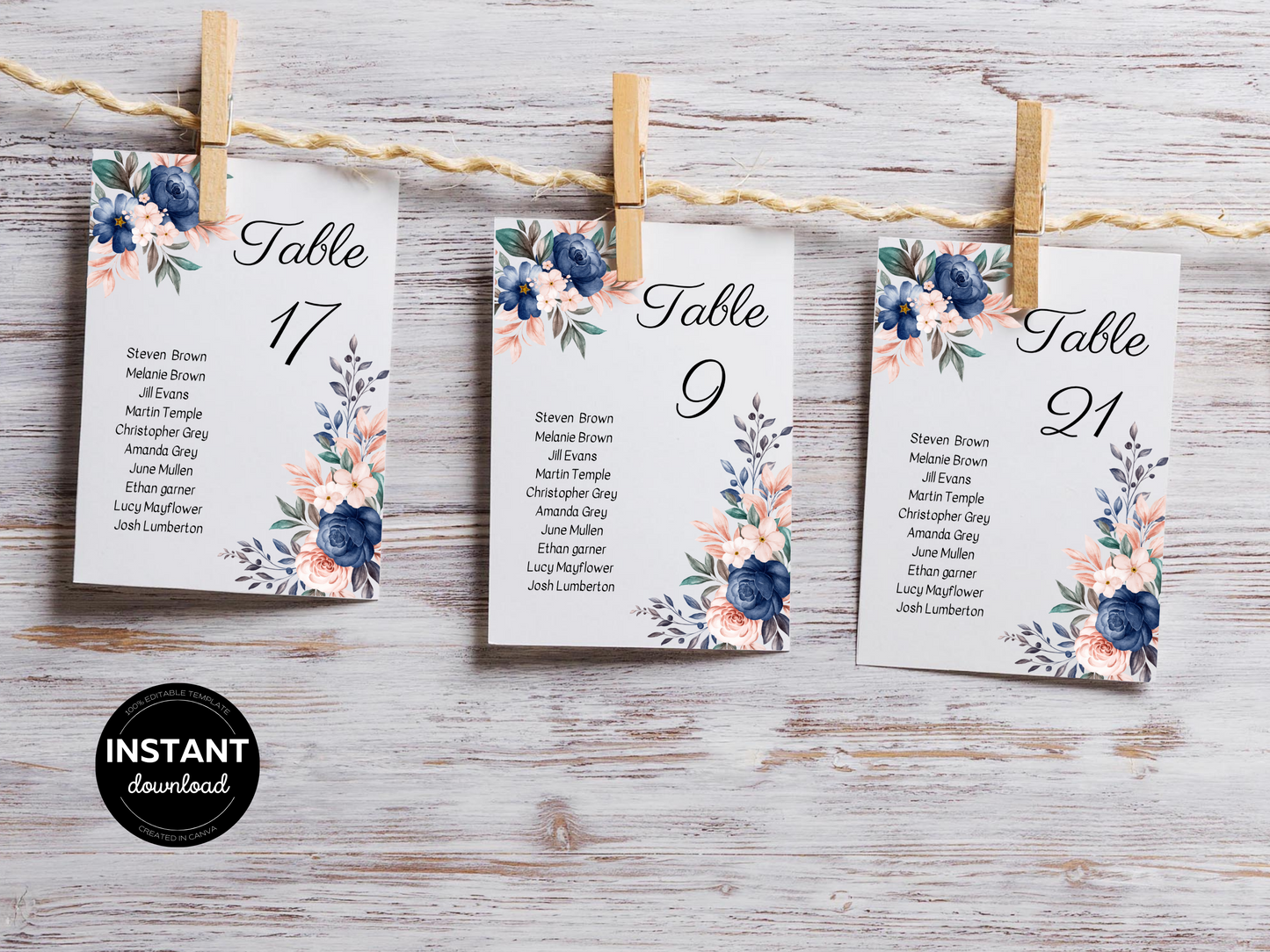 Pink & Blue Floral Wedding Seating Chart Card Templates, Printable Templates