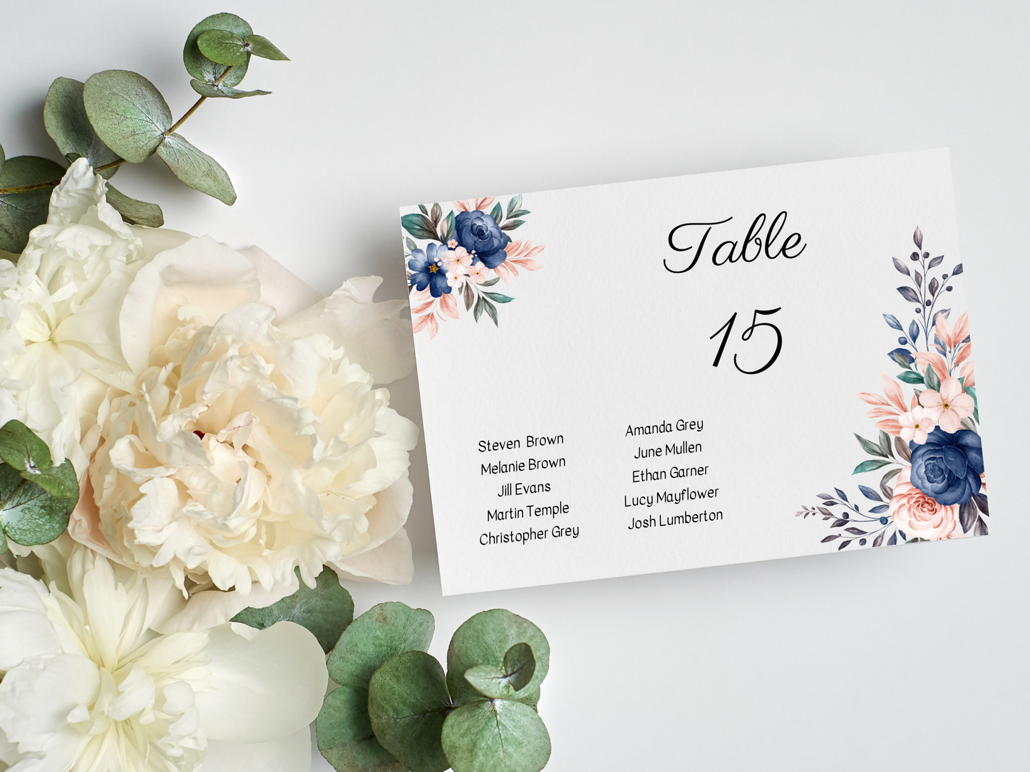 Pink & Blue Floral Wedding Seating Chart Card Templates, Printable Templates