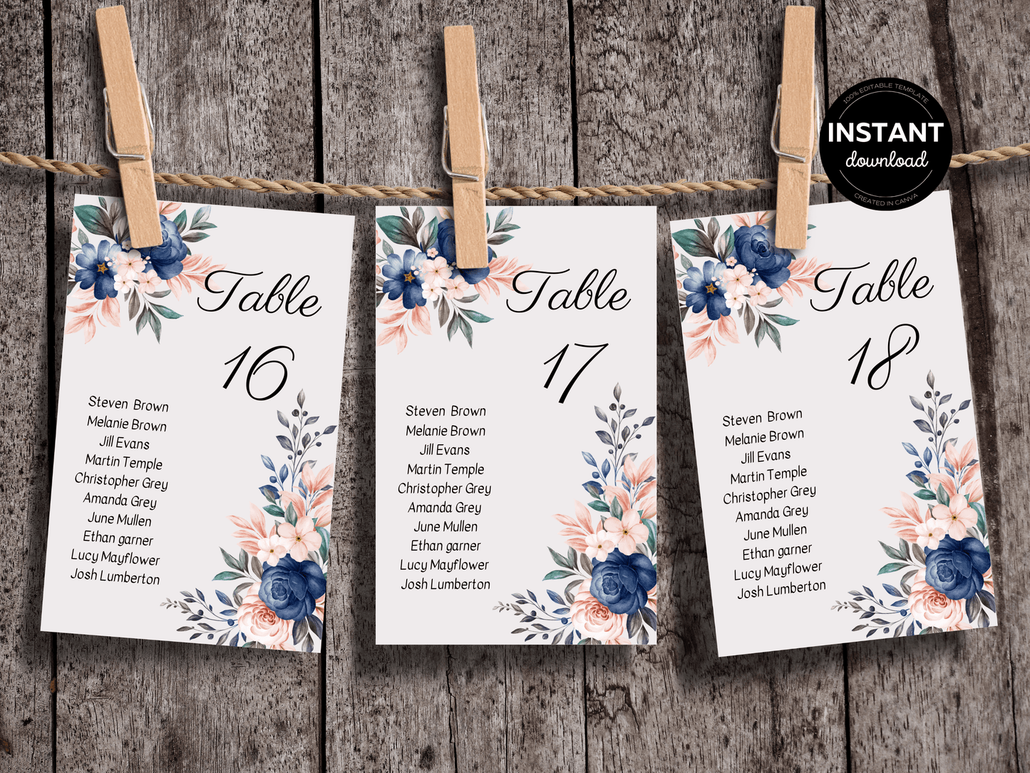 Pink & Blue Floral Wedding Seating Chart Card Templates, Printable Templates