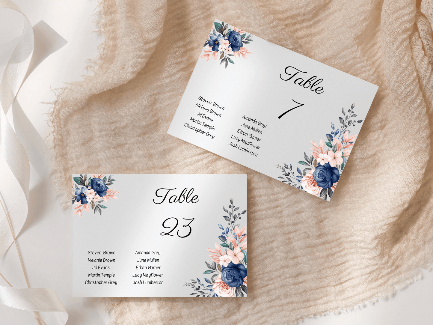 Pink & Blue Floral Wedding Seating Chart Card Templates, Printable Templates