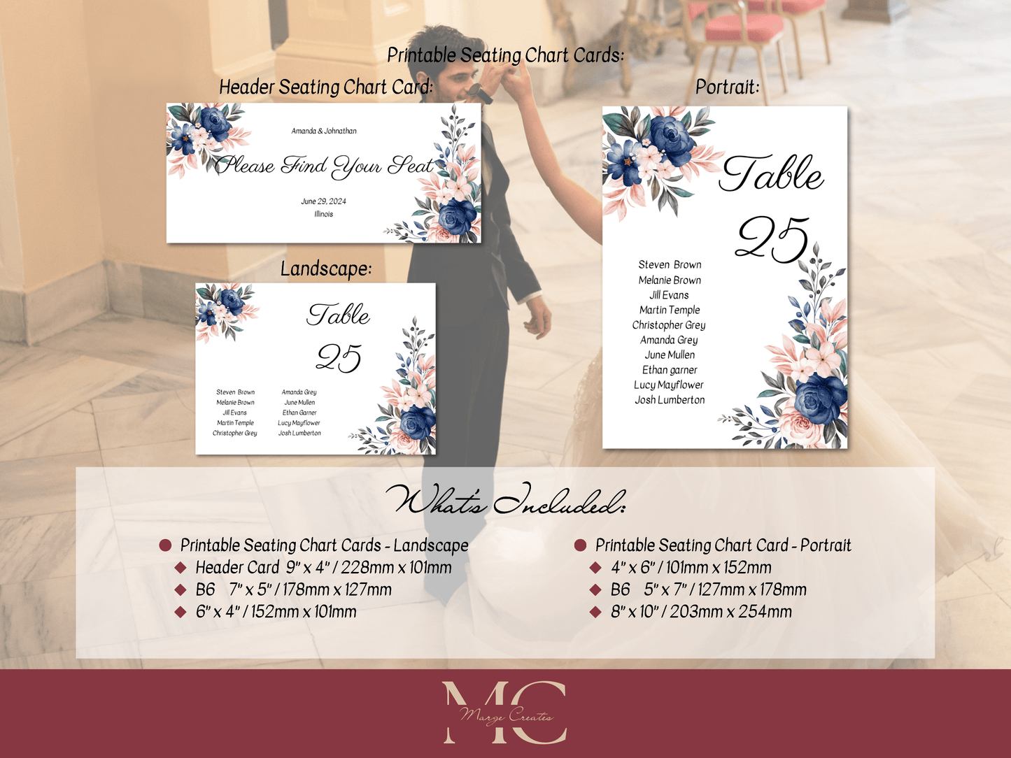 Pink & Blue Floral Wedding Seating Chart Card Templates, Printable Templates