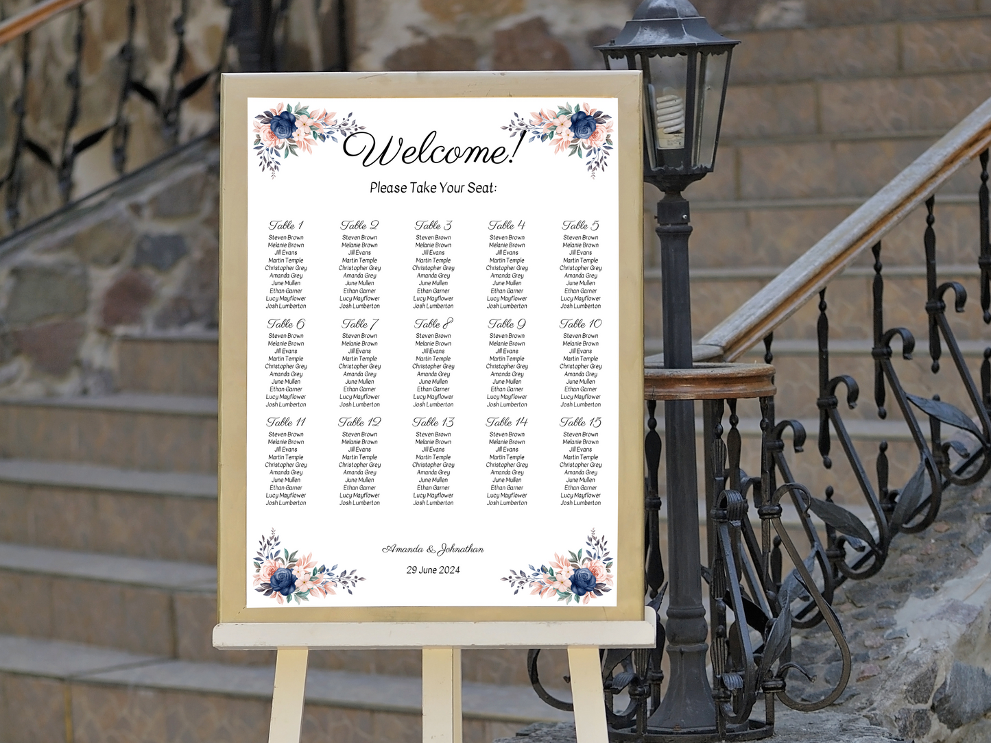 Pink & Blue Floral Wedding Seating Chart Templates, Printable Templates
