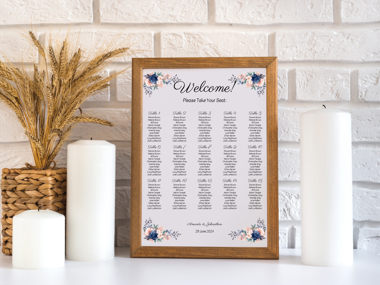 Pink & Blue Floral Wedding Seating Chart Templates, Printable Templates