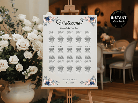 Pink & Blue Floral Wedding Seating Chart Templates, Printable Templates