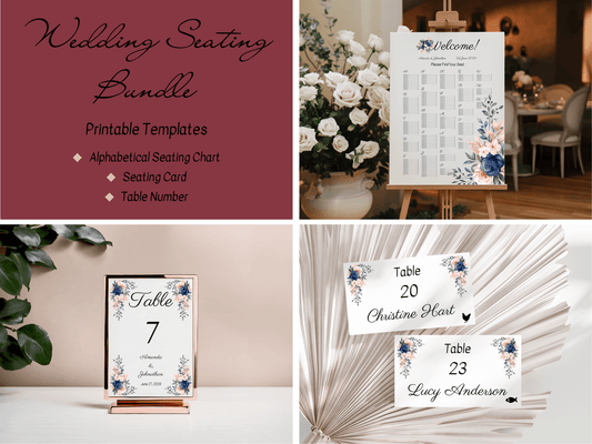 Pink & Blue Floral Wedding Seating Template Bundle with Alphabetical Seating Chart, Printable Templates