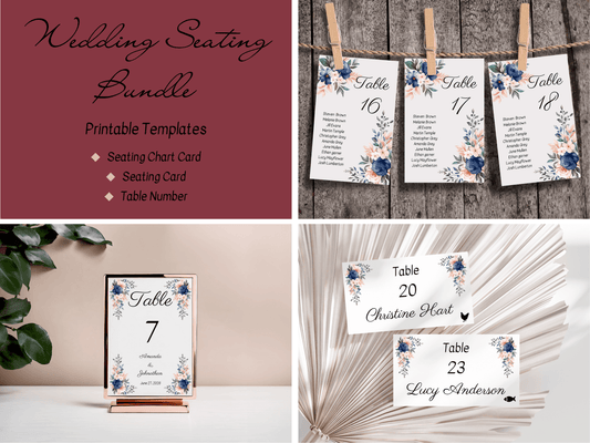 Pink & Blue Floral Wedding Seating Template Bundle with Seating Chart Card, Printable Templates