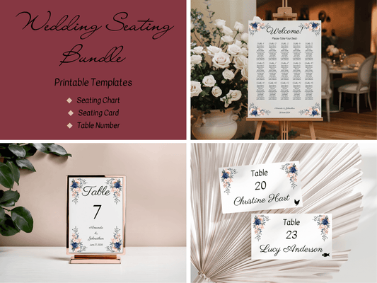 Pink & Blue Floral Wedding Seating Template Bundle, Printable Templates