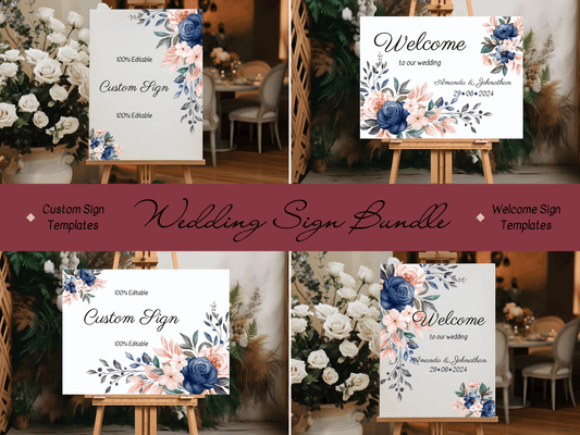 Pink & Blue Floral Wedding Sign Template Bundle, Printable Templates