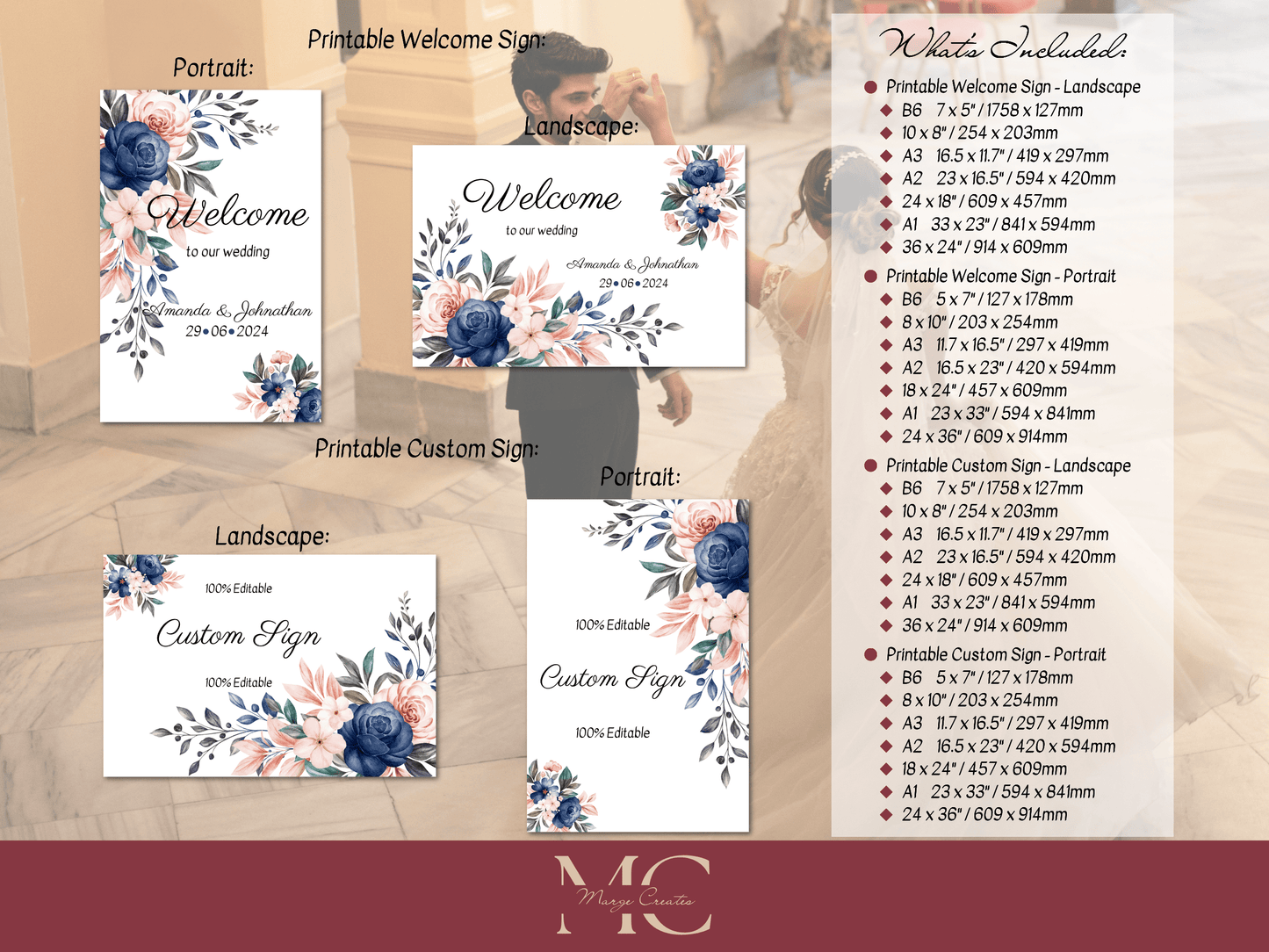 Pink & Blue Floral Wedding Sign Template Bundle, Printable Templates