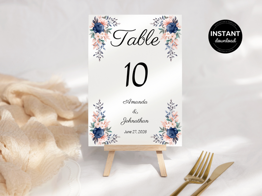Pink & Blue Floral Wedding Table Number Templates, Printable Templates