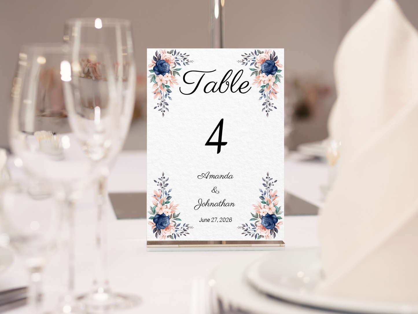 Pink & Blue Floral Wedding Table Number Templates, Printable Templates