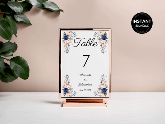 Pink & Blue Floral Wedding Table Number Templates, Printable Templates