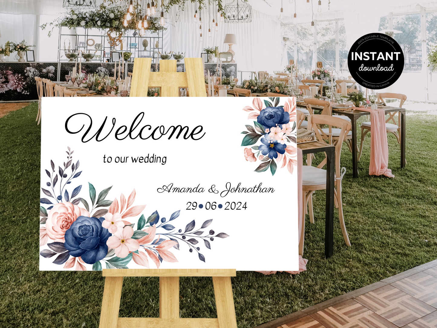 Pink & Blue Floral Wedding Welcome Sign Templates, Printable Templates