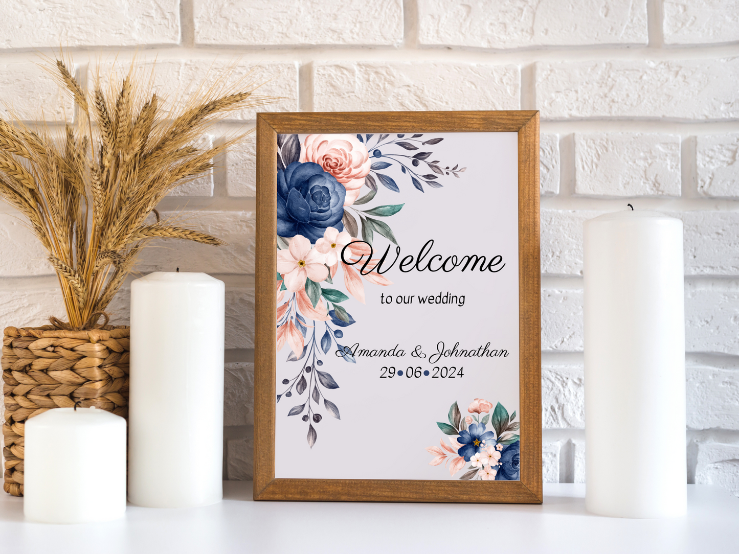 Pink & Blue Floral Wedding Welcome Sign Templates, Printable Templates