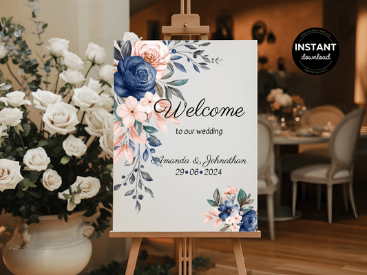 Pink & Blue Floral Wedding Welcome Sign Templates, Printable Templates